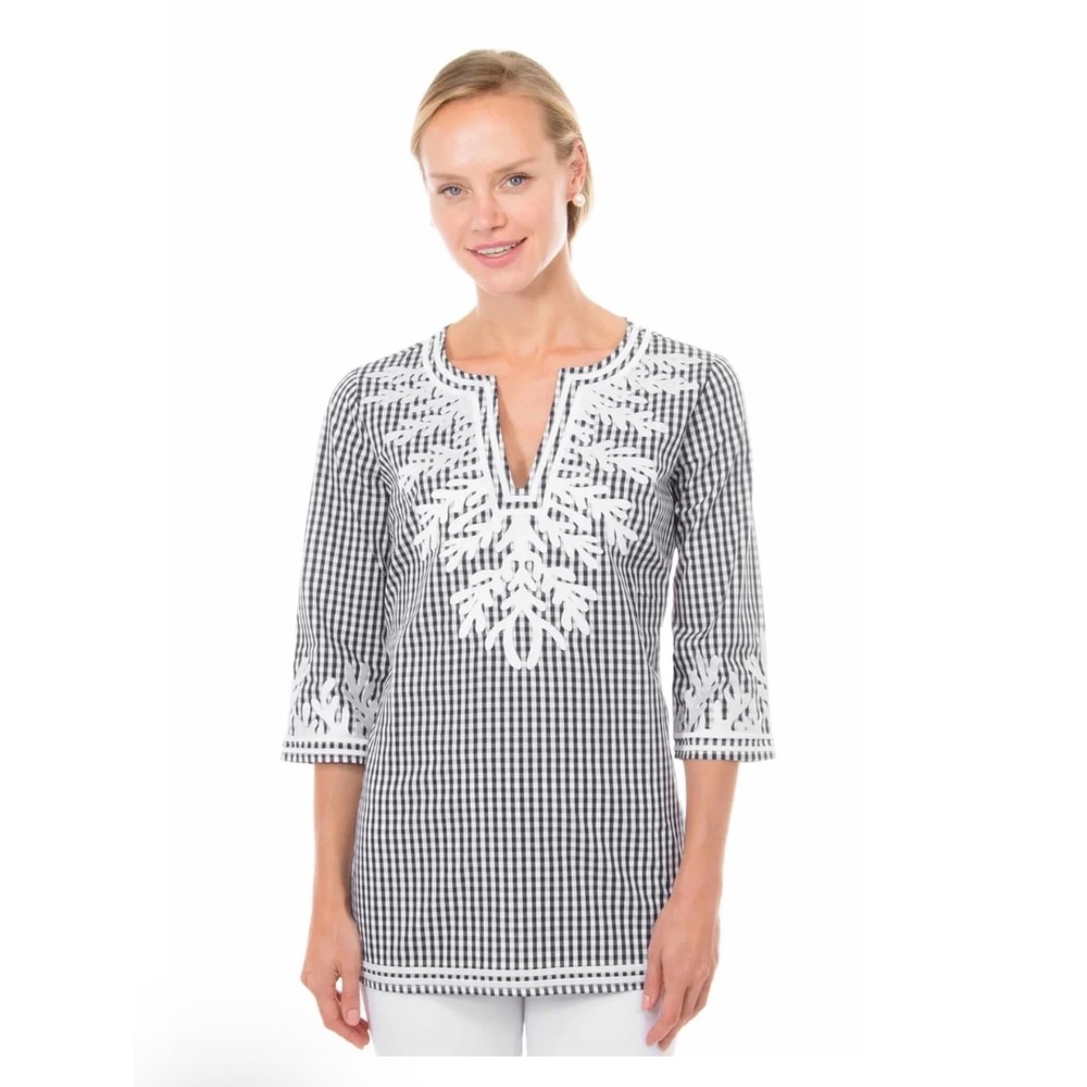 Gretchen Scott Tunic Top Womens Shrimp Black White Gingham Embroidered V-Neck